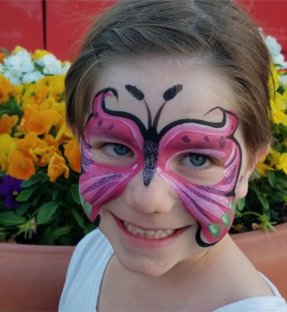 Pink Butterfly face painting design for Easter and spring events by About Face Painting, Denver